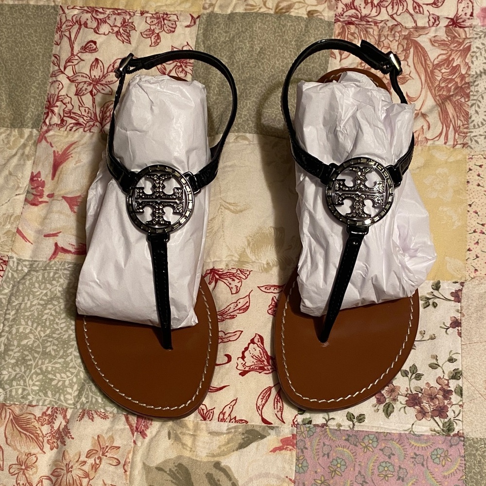 Tory Burch Black and Brown Sandals Bling Size 7.5